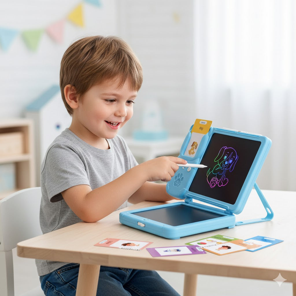 LCD tablet 10" children, 224 words, drawing+learning, gift 3-7 years, rechargeable, blue