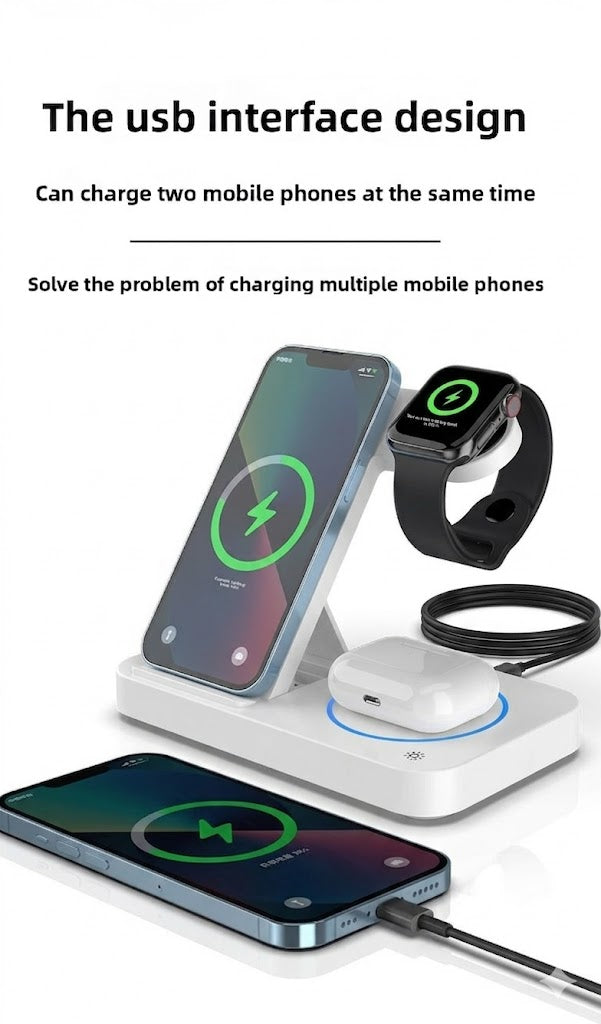 Foldable Wireless Charger 4 in 1, 15W, for iPhone, Samsung, Watch, Headphones, Black/White, Compact, Safe