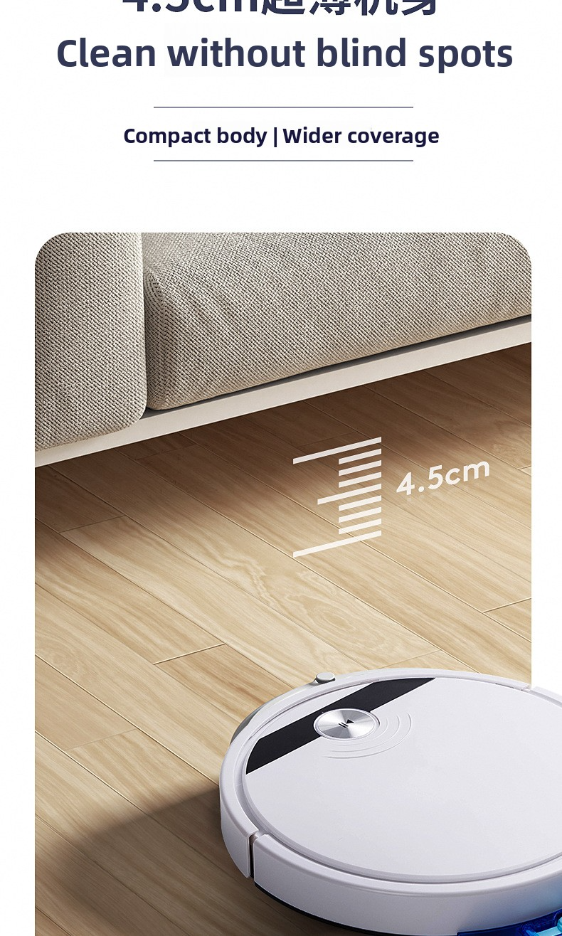 Cleaning robot, vacuum cleaner and mop with APP, 1800Pa, thin 4.5cm, 90 minutes autonomy, black/white
