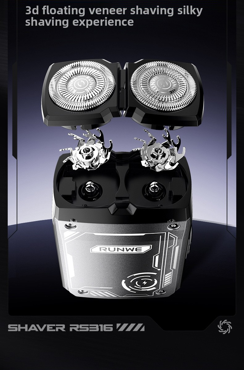Electric shaver with 2 rotating heads, 3D flexible, fast charging Type-C, LED, water resistant, mini portable, black