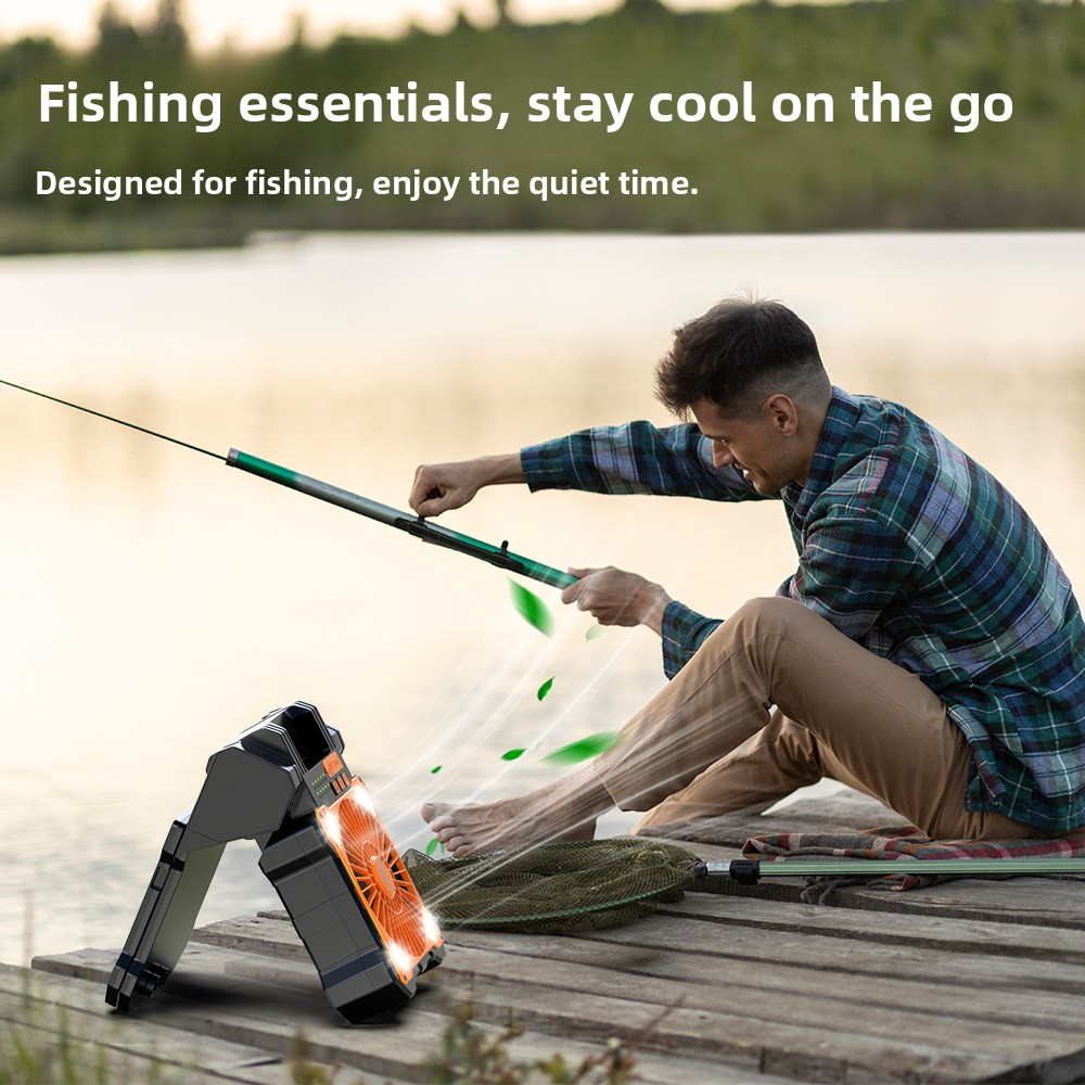 Solar Camping Fan, 6000mAh, 4-Speed Quiet, 90° Adjustable, LED+Compass, USB Power Bank, Solar Charge – More Features than DEWALT, Save Big