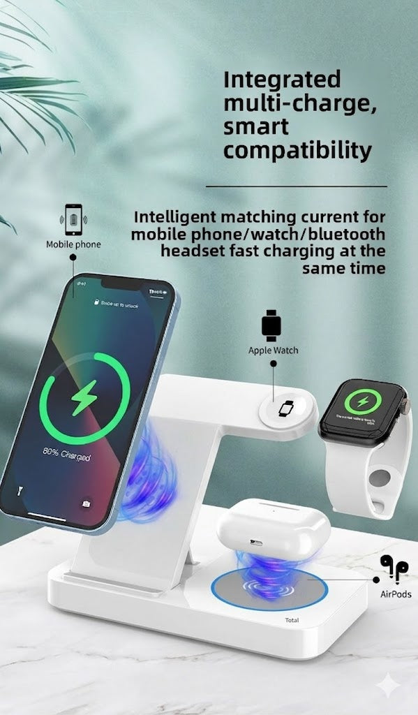 Foldable Wireless Charger 4 in 1, 15W, for iPhone, Samsung, Watch, Headphones, Black/White, Compact, Safe