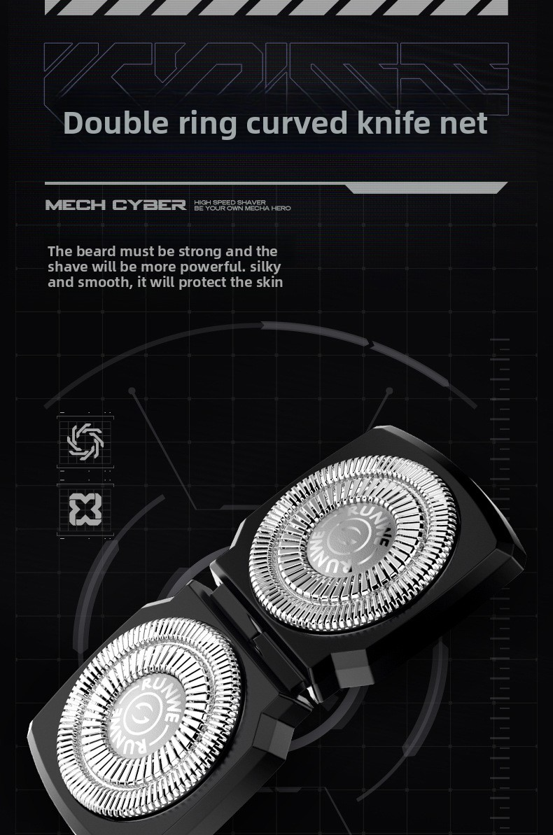 Electric shaver with 2 rotating heads, 3D flexible, fast charging Type-C, LED, water resistant, mini portable, black