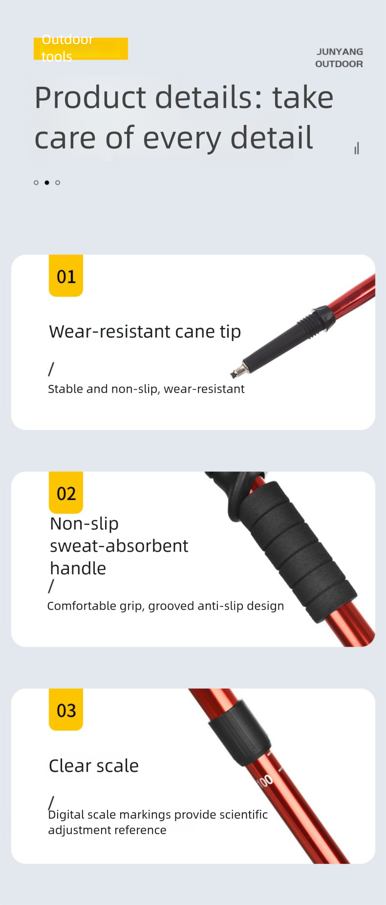 Aluminum alloy walking sticks, telescopic 3 sections, 320g, adjustable 135cm, T or straight handle, red – maximum stability!