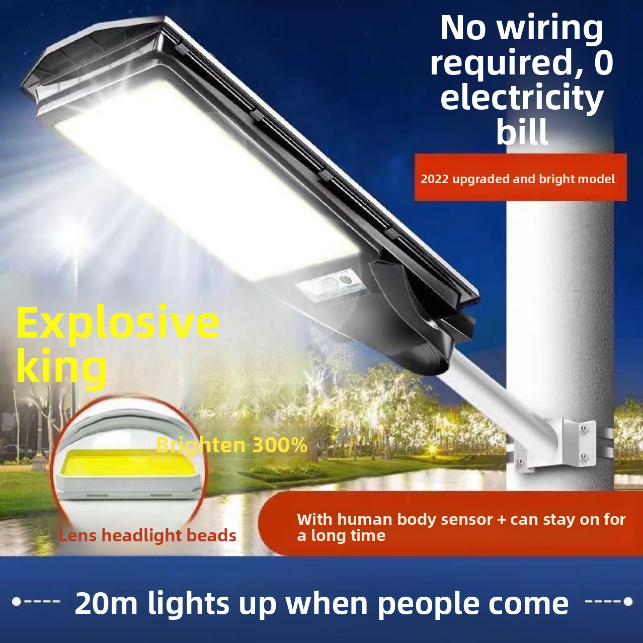Outdoor LED Solar Lamp with Motion Sensor, 20W-40000W, IP67, for Courtyard and Garden