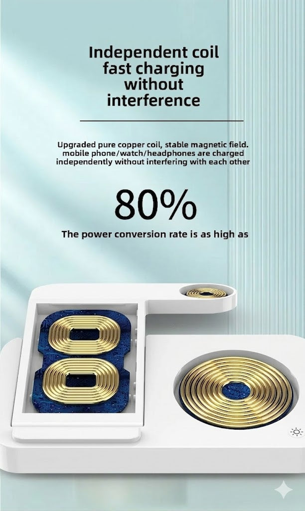 Foldable Wireless Charger 4 in 1, 15W, for iPhone, Samsung, Watch, Headphones, Black/White, Compact, Safe