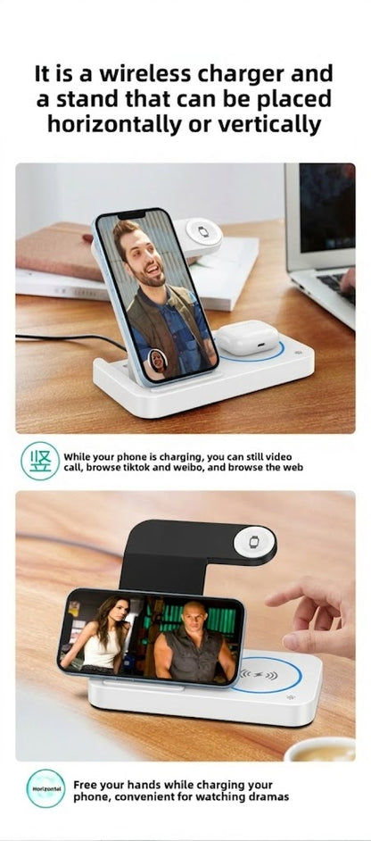 Foldable Wireless Charger 4 in 1, 15W, for iPhone, Samsung, Watch, Headphones, Black/White, Compact, Safe
