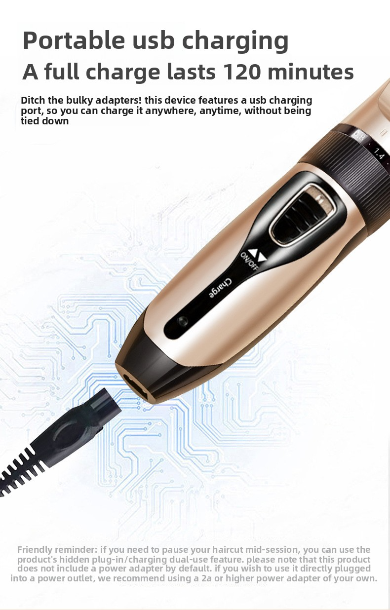 Hairdresser for adults, rechargeable, stainless steel/ceramic blade, complete set of accessories, gold, high power, 1-3h autonomy