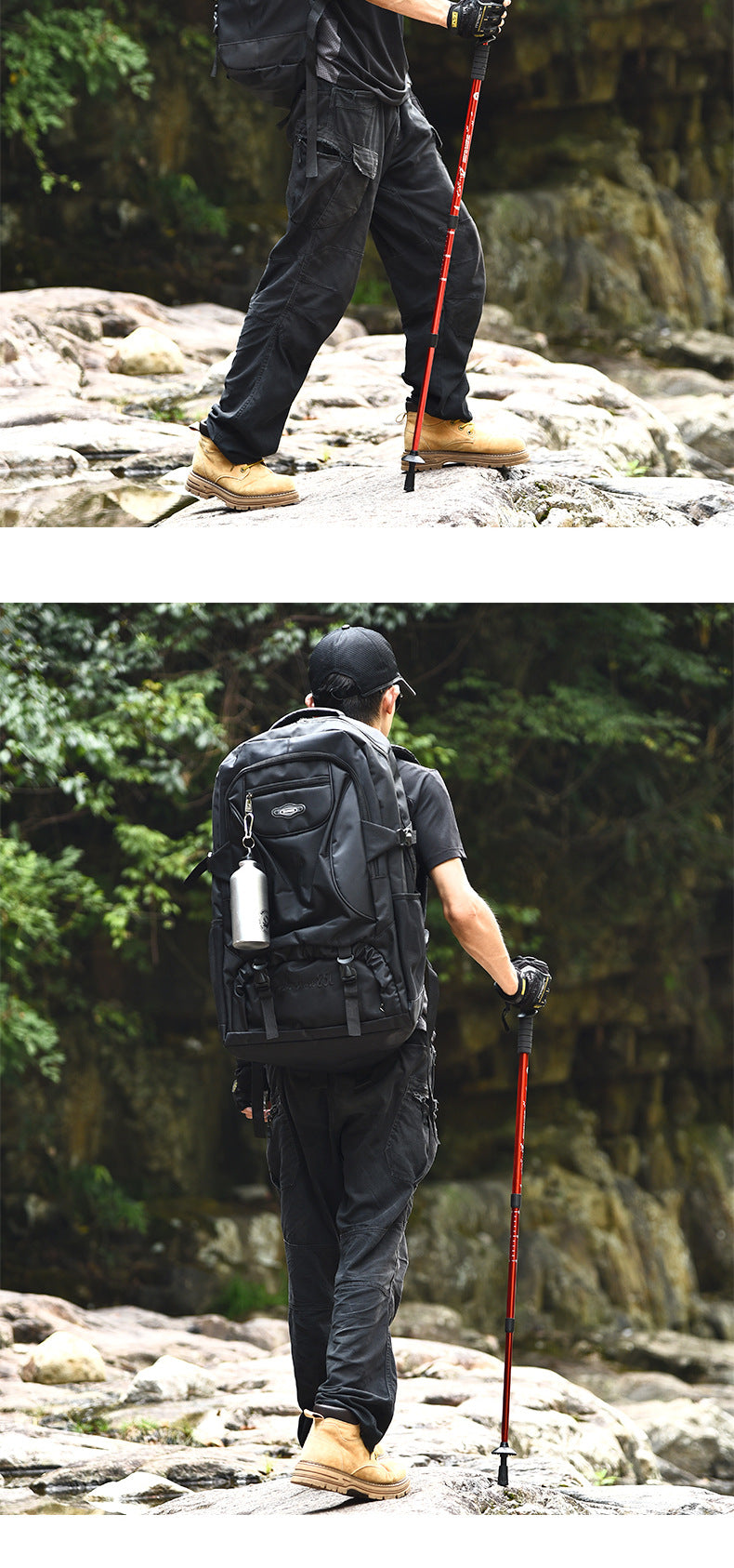 Aluminum alloy walking sticks, telescopic 3 sections, 320g, adjustable 135cm, T or straight handle, red – maximum stability!