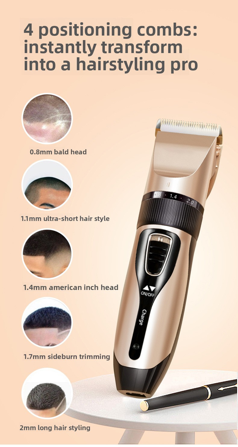 Hairdresser for adults, rechargeable, stainless steel/ceramic blade, complete set of accessories, gold, high power, 1-3h autonomy