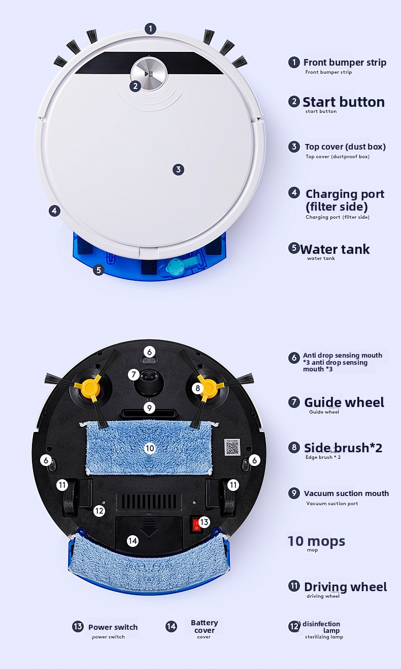 Cleaning robot, vacuum cleaner and mop with APP, 1800Pa, thin 4.5cm, 90 minutes autonomy, black/white