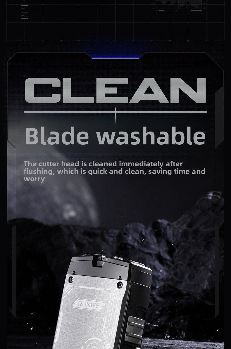 Electric shaver with 2 rotating heads, 3D flexible, fast charging Type-C, LED, water resistant, mini portable, black