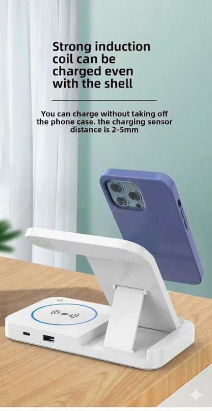 Foldable Wireless Charger 4 in 1, 15W, for iPhone, Samsung, Watch, Headphones, Black/White, Compact, Safe