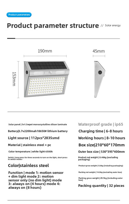 Solar Wall Lamp, 112LED 4-in-1 Motion Sensor, IP65 Waterproof, Outdoor Garden Gate Light, Auto On/Off, Super Bright