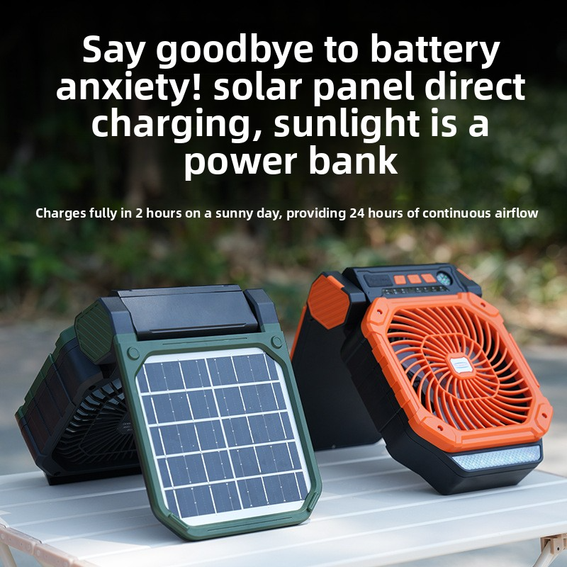 Solar Camping Fan, 6000mAh, 4-Speed Quiet, 90° Adjustable, LED+Compass, USB Power Bank, Solar Charge – More Features than DEWALT, Save Big