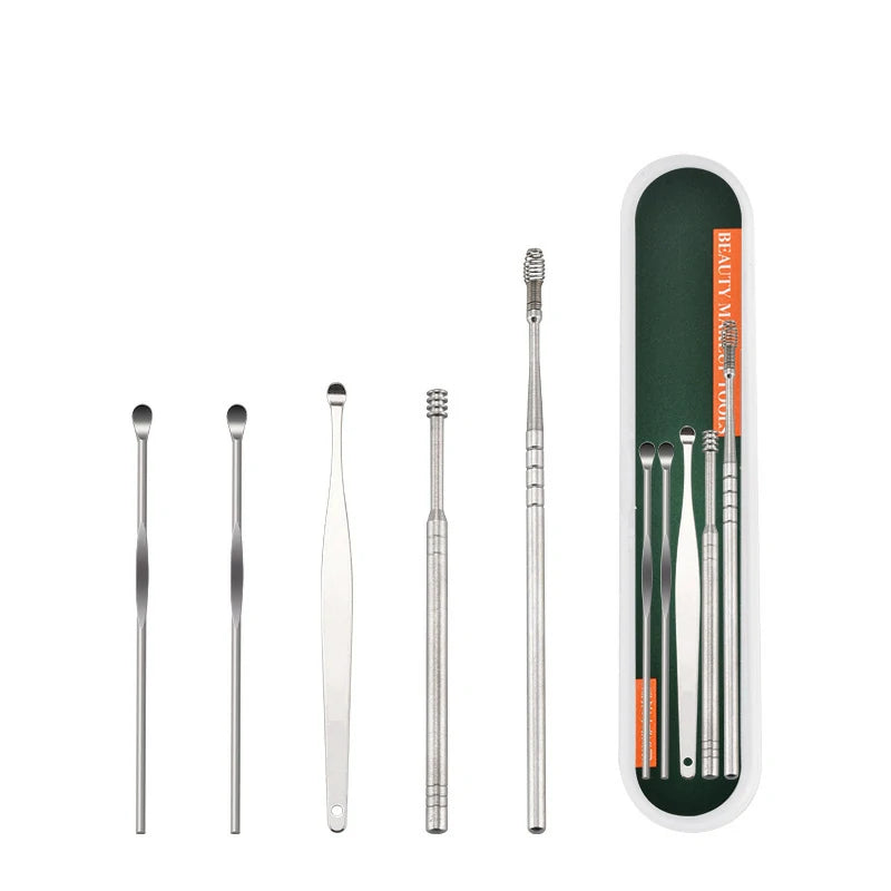 5Pcs Stainless Steel Ear Pick Set, Portable Ear Wax Removal Kit with Spring Spiral Design, Ear Curette Tool for Adults, Safe Round Tips, Travel Case Included, Silve