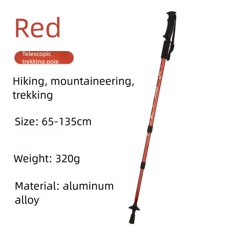 Aluminum alloy walking sticks, telescopic 3 sections, 320g, adjustable 135cm, T or straight handle, red – maximum stability!