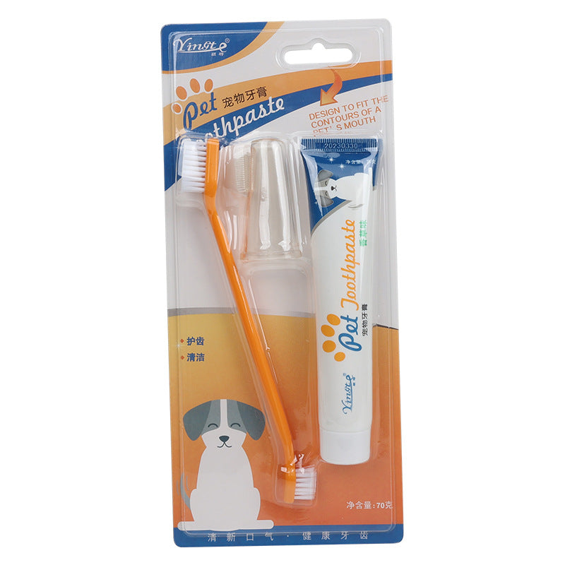 Set igienă orală câini pisici, pastă de dinți + degetar, aromă vanilie/vită, elimină respirația urât mirositoare, 70g
