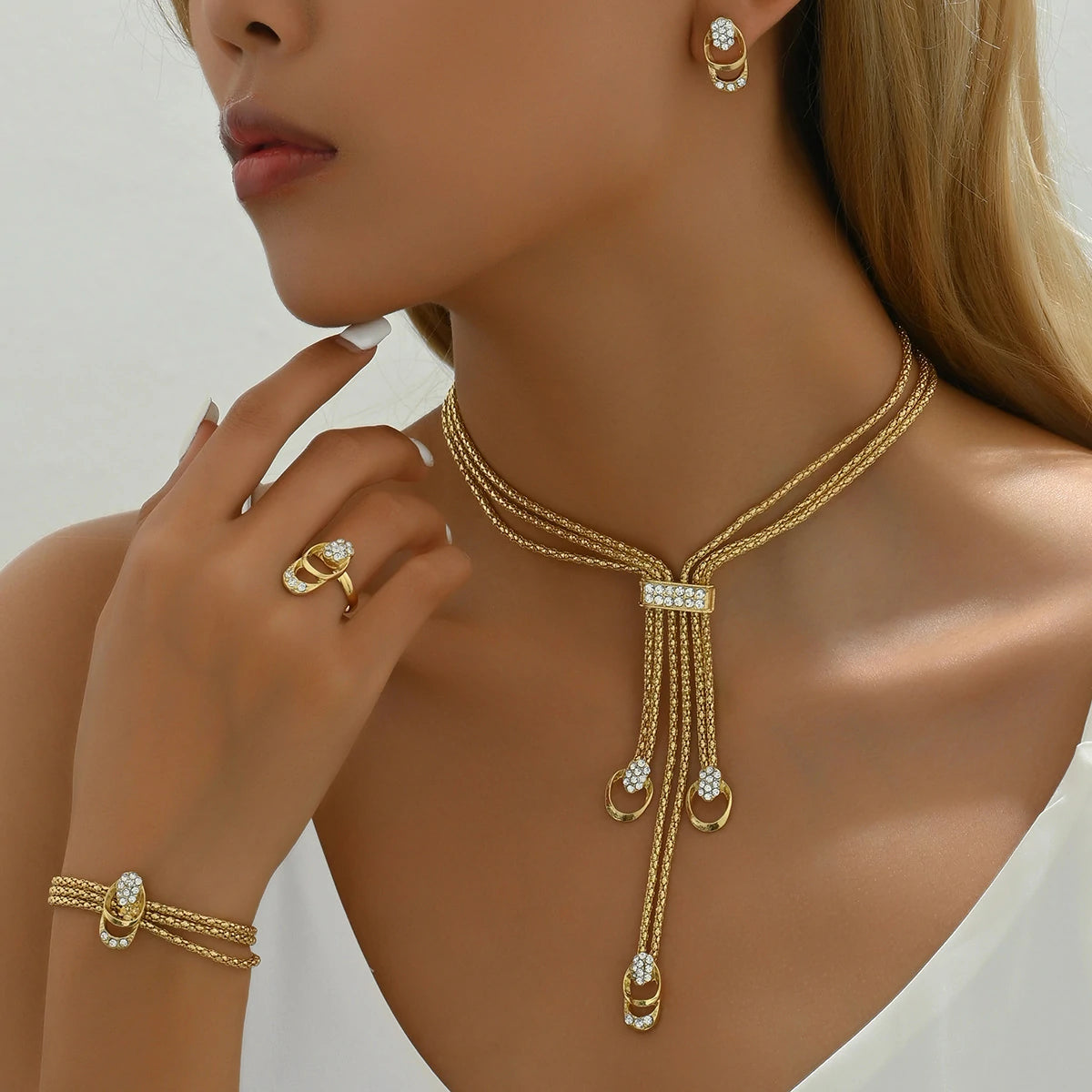 4Pcs Jewelry Set for Women, Necklace Earrings Bracelet Ring Set, Cubic Zirconia Diamond, Minimalist Trendy Daily & Party Gift, Hypoallergenic Alloy, Lightweight 45g.