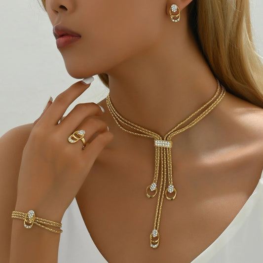 4Pcs Jewelry Set for Women, Necklace Earrings Bracelet Ring Set, Cubic Zirconia Diamond, Minimalist Trendy Daily & Party Gift, Hypoallergenic Alloy, Lightweight 45g.