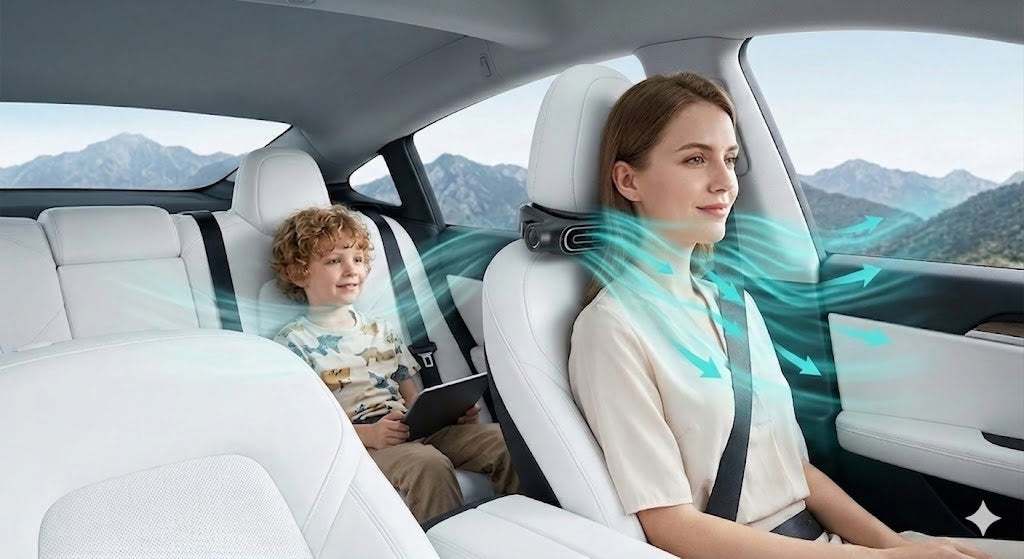Upgraded Two Way Car Seat Fan, Bladeless Dual Turbo USB Rechargeable Battery vs Plug-in, 3 Speeds, Quiet Cooling for Driver, Backseat & Rear Passengers, Magic Sticker Mount, Portable for Car/RV/Truck, 3000mAh