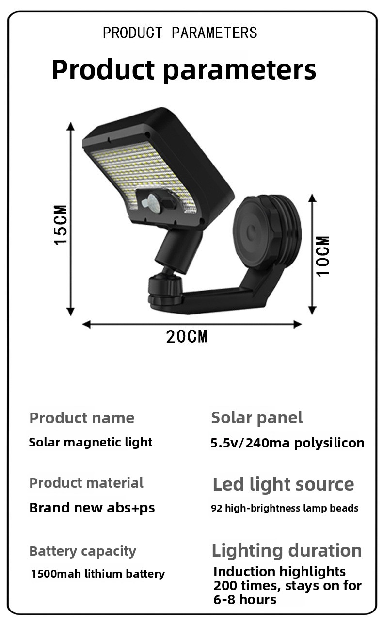 Solar Magnetic Light, Human Body Sensor, IP65 Waterproof, Super Bright, No-Drill Install, Outdoor Garden Wall Lamp