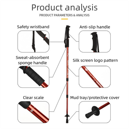 Aluminum alloy walking sticks, telescopic 3 sections, 320g, adjustable 135cm, T or straight handle, red – maximum stability!