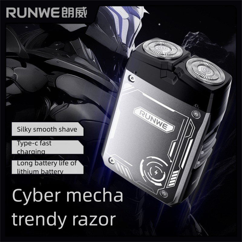 Electric shaver with 2 rotating heads, 3D flexible, fast charging Type-C, LED, water resistant, mini portable, black