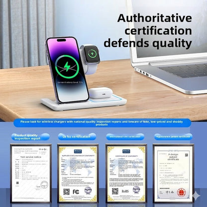 Foldable Wireless Charger 4 in 1, 15W, for iPhone, Samsung, Watch, Headphones, Black/White, Compact, Safe