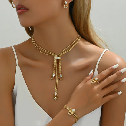 4Pcs Jewelry Set for Women, Necklace Earrings Bracelet Ring Set, Cubic Zirconia Diamond, Minimalist Trendy Daily & Party Gift, Hypoallergenic Alloy, Lightweight 45g.