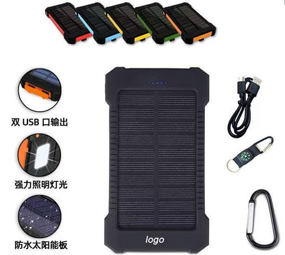 Solar Power Bank 10000mAh, Waterproof, LED Compass, Outdoor Emergency Charger, Solar Charging, Custom Logo, Portable for Camping