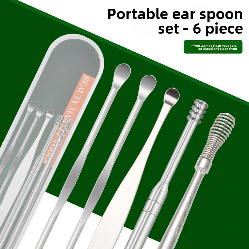 5Pcs Stainless Steel Ear Pick Set, Portable Ear Wax Removal Kit with Spring Spiral Design, Ear Curette Tool for Adults, Safe Round Tips, Travel Case Included, Silve
