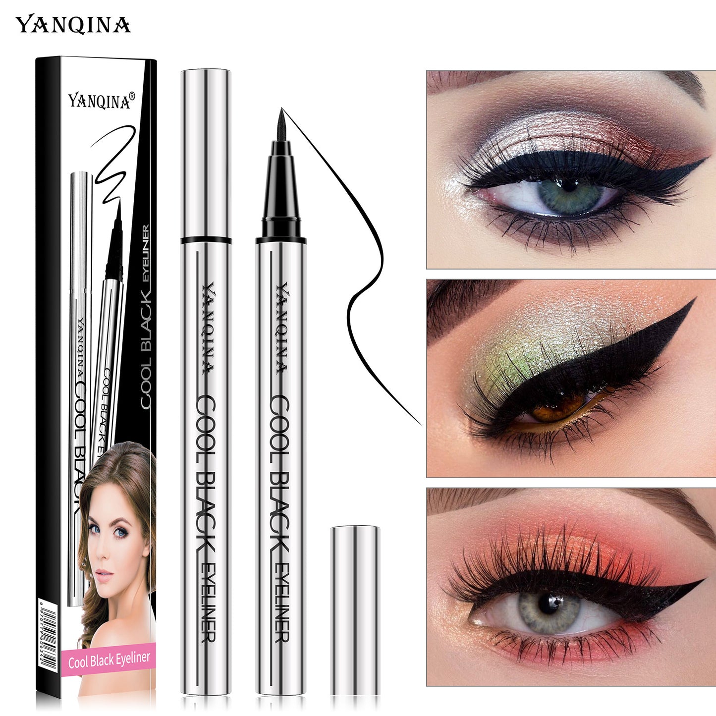 Waterproof Eyeliner Pen,YANQINA Cool Black Liquid Eyeliner,Smudge-Proof,Sweat-Resistant,Long-Lasting,Quick-Drying,Dark Black Pigment,Precision Felt Tip,1g Net,For Women & Girls Daily Makeup