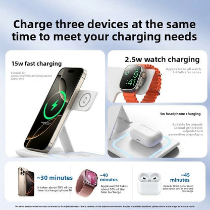 Foldable Wireless Charger 4 in 1, 15W, for iPhone, Samsung, Watch, Headphones, Black/White, Compact, Safe