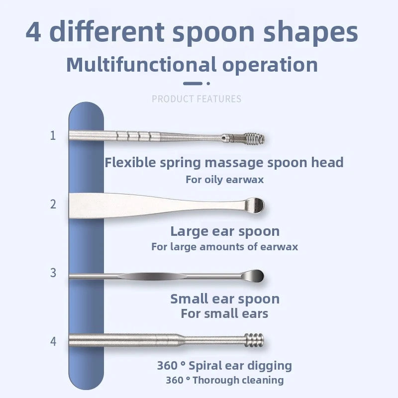 5Pcs Stainless Steel Ear Pick Set, Portable Ear Wax Removal Kit with Spring Spiral Design, Ear Curette Tool for Adults, Safe Round Tips, Travel Case Included, Silve