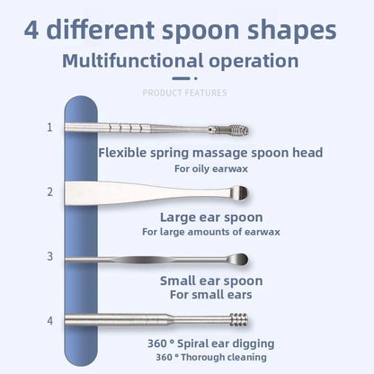 5Pcs Stainless Steel Ear Pick Set, Portable Ear Wax Removal Kit with Spring Spiral Design, Ear Curette Tool for Adults, Safe Round Tips, Travel Case Included, Silve