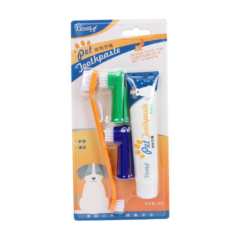 Set igienă orală câini pisici, pastă de dinți + degetar, aromă vanilie/vită, elimină respirația urât mirositoare, 70g