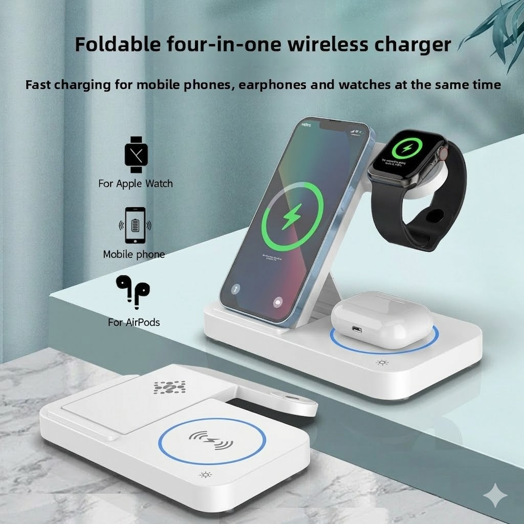 Foldable Wireless Charger 4 in 1, 15W, for iPhone, Samsung, Watch, Headphones, Black/White, Compact, Safe