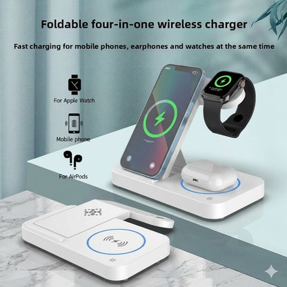 Foldable Wireless Charger 4 in 1, 15W, for iPhone, Samsung, Watch, Headphones, Black/White, Compact, Safe