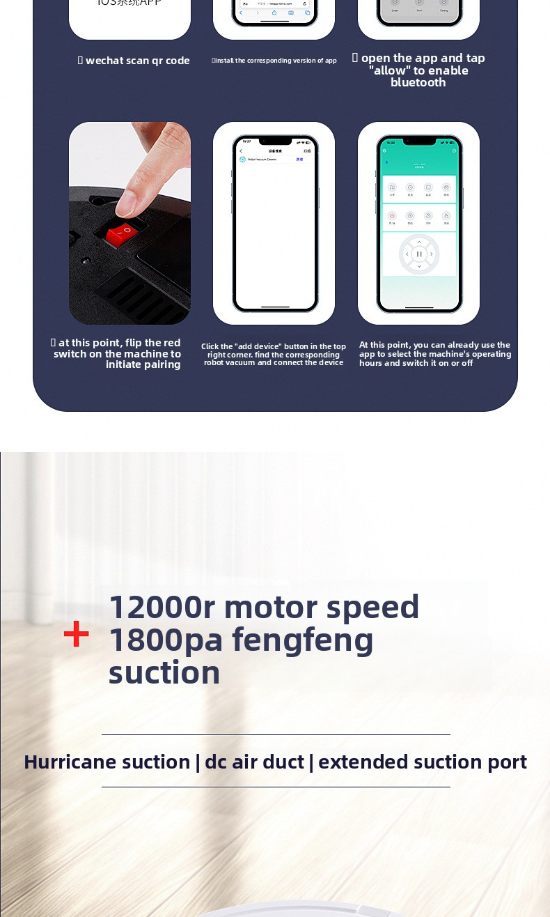 Cleaning robot, vacuum cleaner and mop with APP, 1800Pa, thin 4.5cm, 90 minutes autonomy, black/white