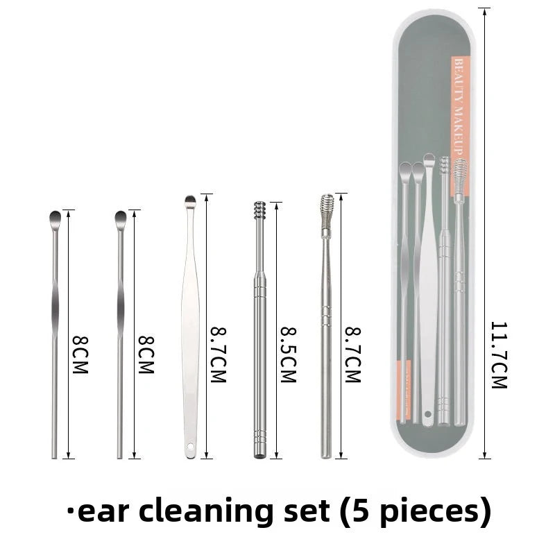 5Pcs Stainless Steel Ear Pick Set, Portable Ear Wax Removal Kit with Spring Spiral Design, Ear Curette Tool for Adults, Safe Round Tips, Travel Case Included, Silve