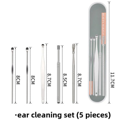 5Pcs Stainless Steel Ear Pick Set, Portable Ear Wax Removal Kit with Spring Spiral Design, Ear Curette Tool for Adults, Safe Round Tips, Travel Case Included, Silve