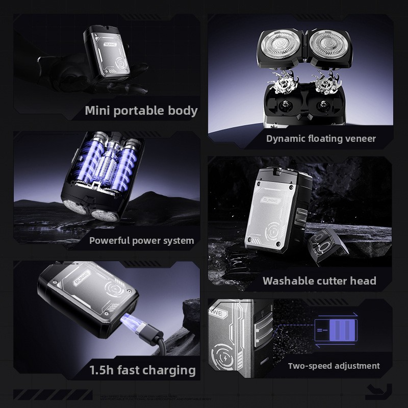 Electric shaver with 2 rotating heads, 3D flexible, fast charging Type-C, LED, water resistant, mini portable, black