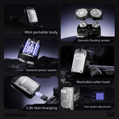 Electric shaver with 2 rotating heads, 3D flexible, fast charging Type-C, LED, water resistant, mini portable, black