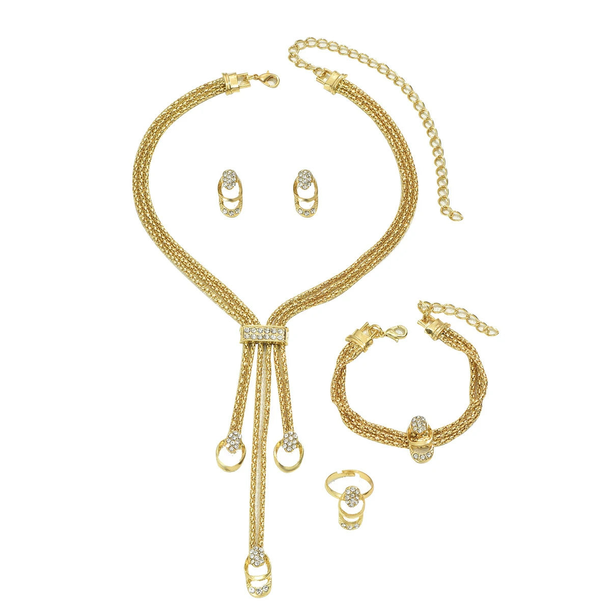 4Pcs Jewelry Set for Women, Necklace Earrings Bracelet Ring Set, Cubic Zirconia Diamond, Minimalist Trendy Daily & Party Gift, Hypoallergenic Alloy, Lightweight 45g.