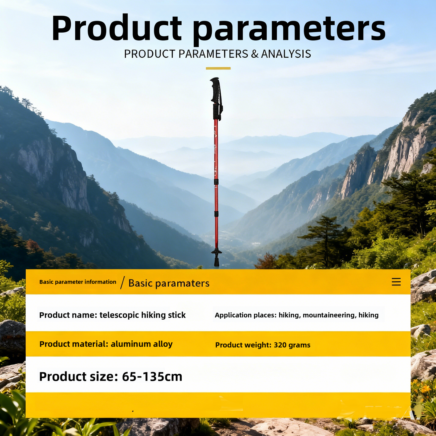 Aluminum alloy walking sticks, telescopic 3 sections, 320g, adjustable 135cm, T or straight handle, red – maximum stability!