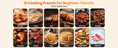 New multi-functional visual air fryer, air fryer and oven combo, touch control, large capacity 4L - 25L available, three-dimensional hot air baking, global voltage for European, American and British standards, stainless steel inner pot, 12-month warranty.