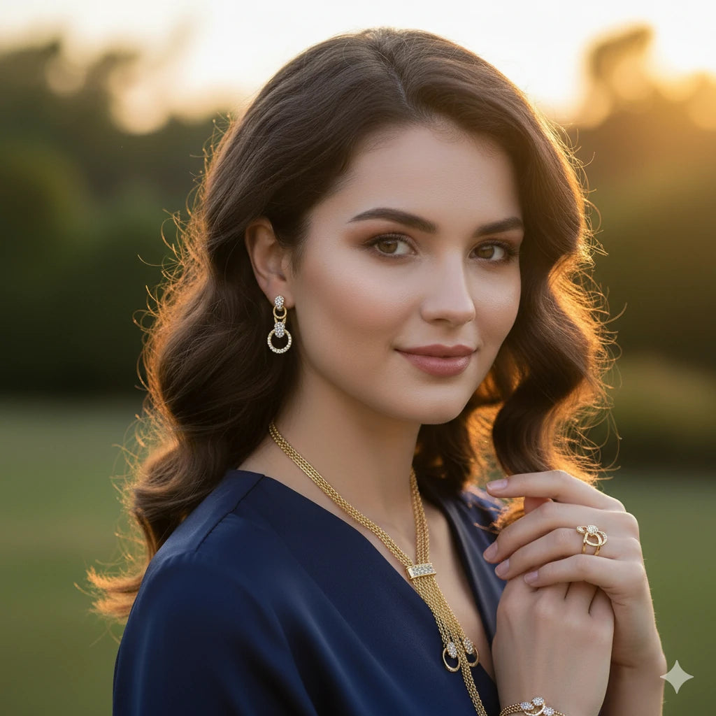 4Pcs Jewelry Set for Women, Necklace Earrings Bracelet Ring Set, Cubic Zirconia Diamond, Minimalist Trendy Daily & Party Gift, Hypoallergenic Alloy, Lightweight 45g.