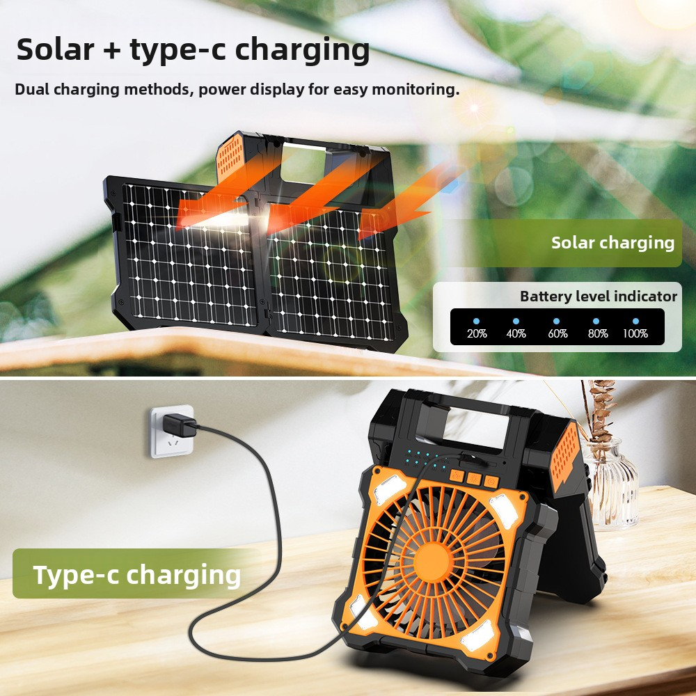 Solar Camping Fan, 6000mAh, 4-Speed Quiet, 90° Adjustable, LED+Compass, USB Power Bank, Solar Charge – More Features than DEWALT, Save Big