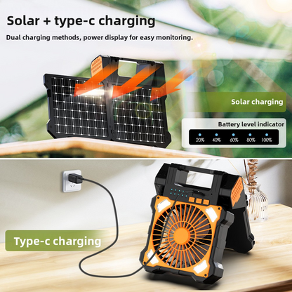 Solar Camping Fan, 6000mAh, 4-Speed Quiet, 90° Adjustable, LED+Compass, USB Power Bank, Solar Charge – More Features than DEWALT, Save Big